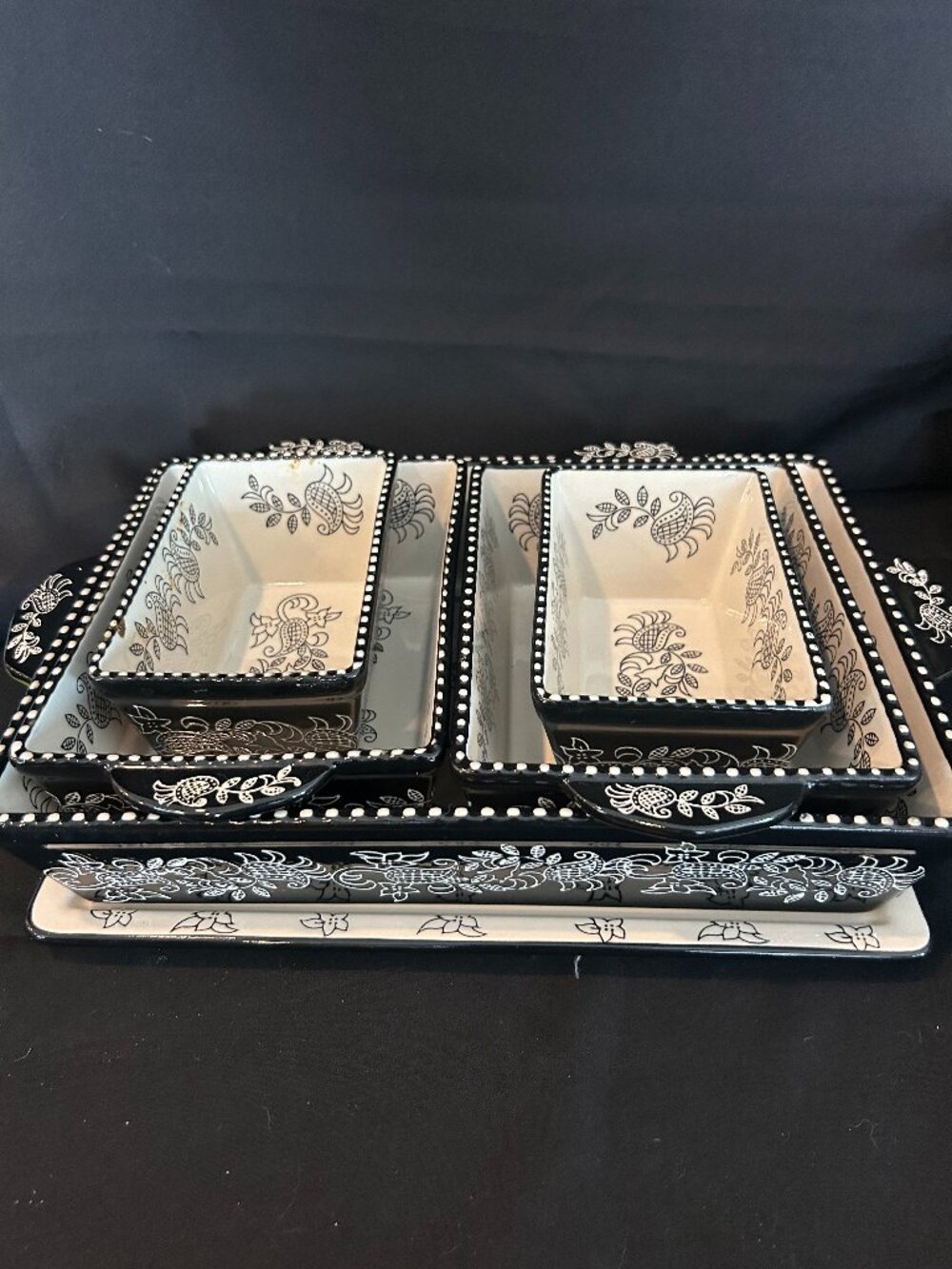 Black White Paisley 5-Piece Nesting Serving Dish Set - Tray + Dishes